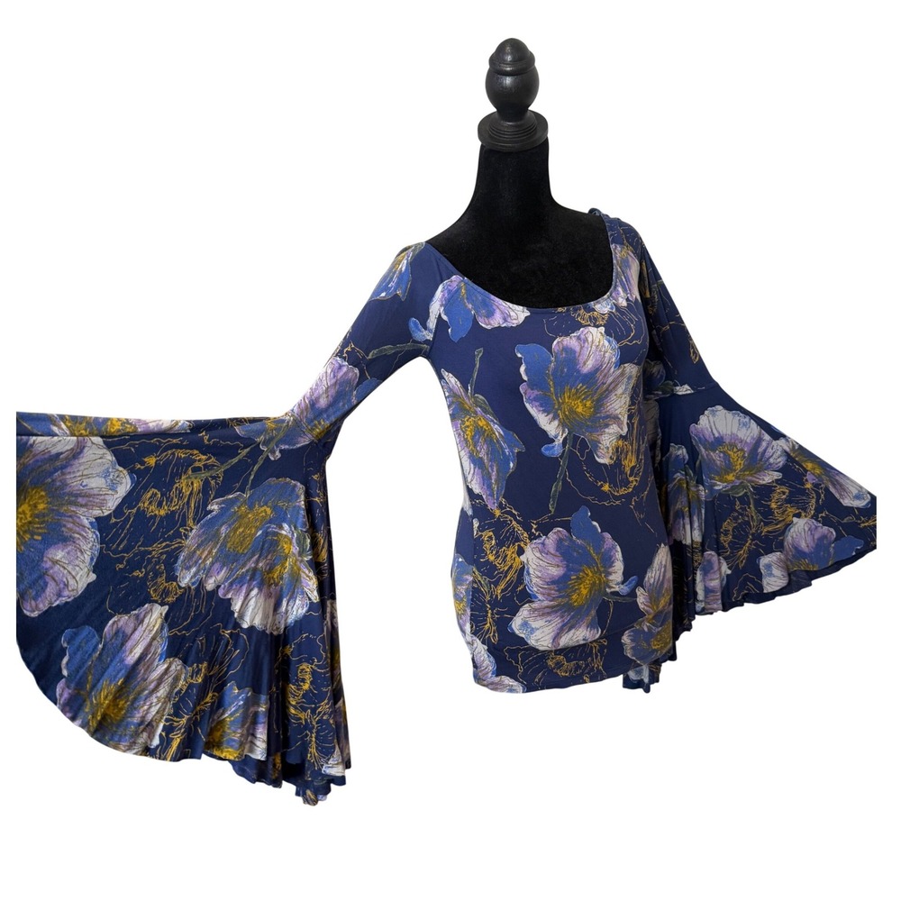 We The Free Off The Shoulder Statement Sleeve Top Blue Floral Hippie Fairy M